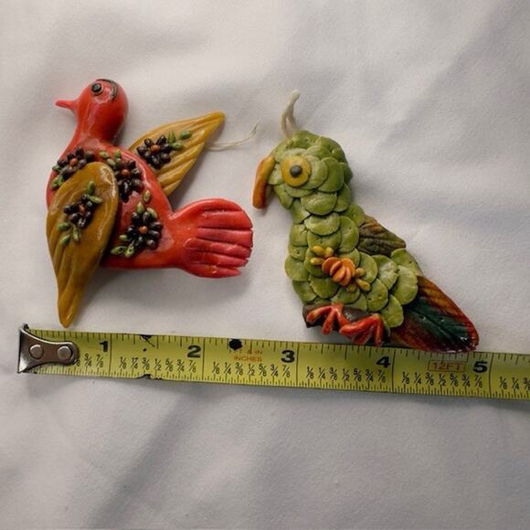 Vintage Handmade Folk Art Bird Ornaments Set of 2 Decor Hanging Parrot Red Bird - Picture 6 of 11